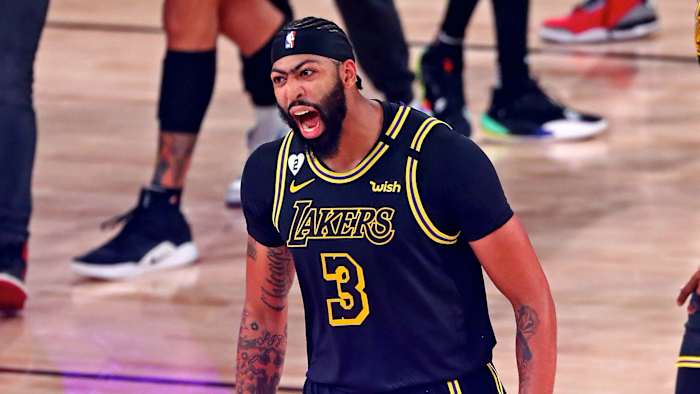 Los Angeles Lakers forward Anthony Davis (3) reacts after making the game winning basket to beat the Denver Nuggets in game two of the Western Conference Finals of the 2020 NBA Playoffs at AdventHealt...